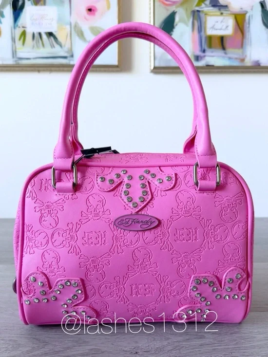 ED HARDY Pink Barrel Crossbody Satchel w/ Crystal Accents - Picture 2 of 8
